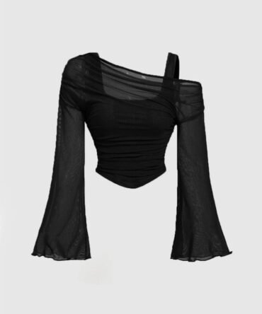 Mesh Off-Shoulder Long Sleeve Black Top