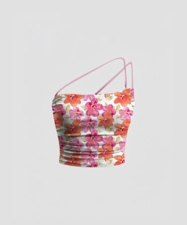 Floral Print Asymmetrical Spaghetti Strap Ruched Crop Top